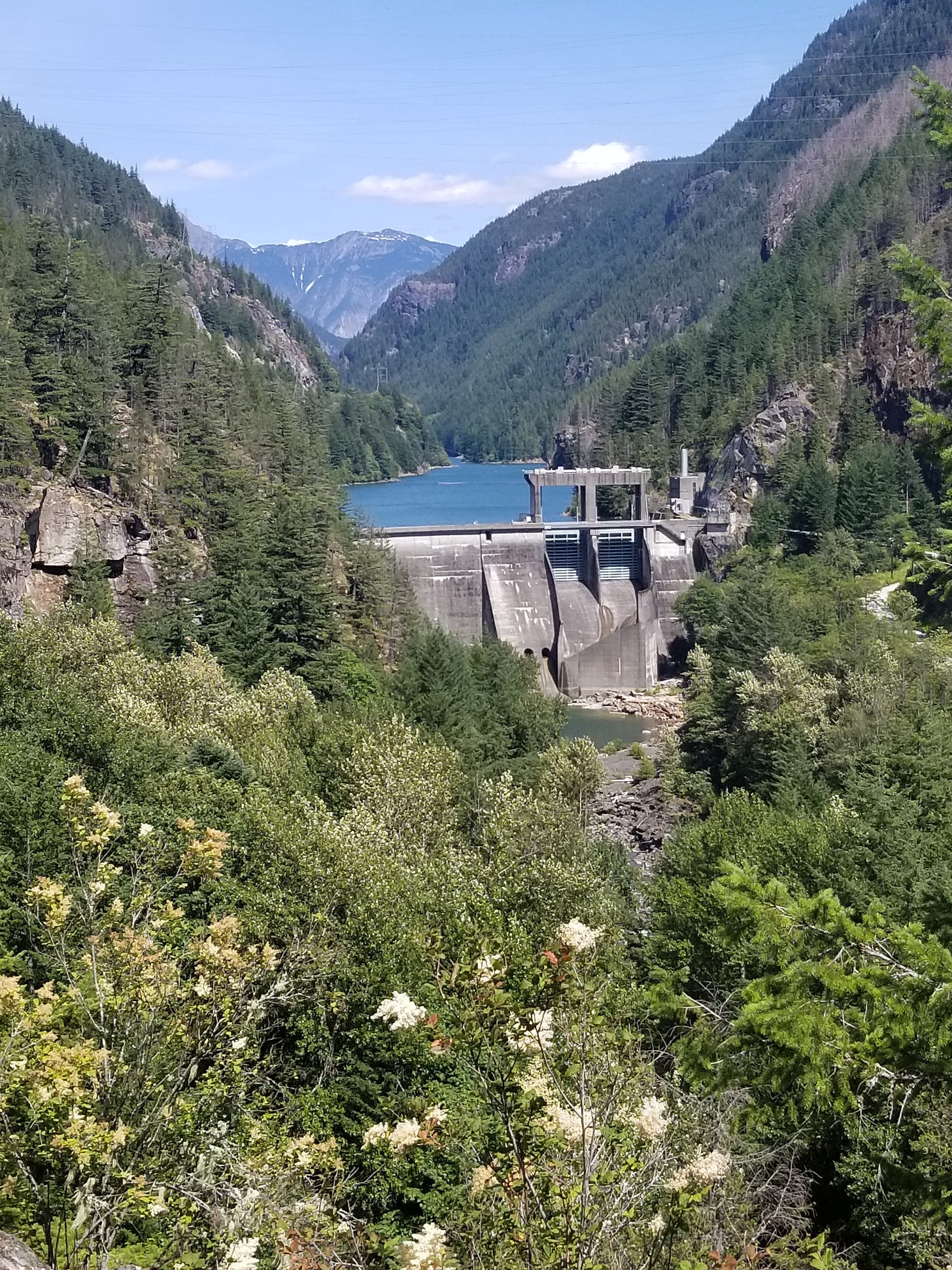 gorge dam in mountain valley, forested mountains and reservoir