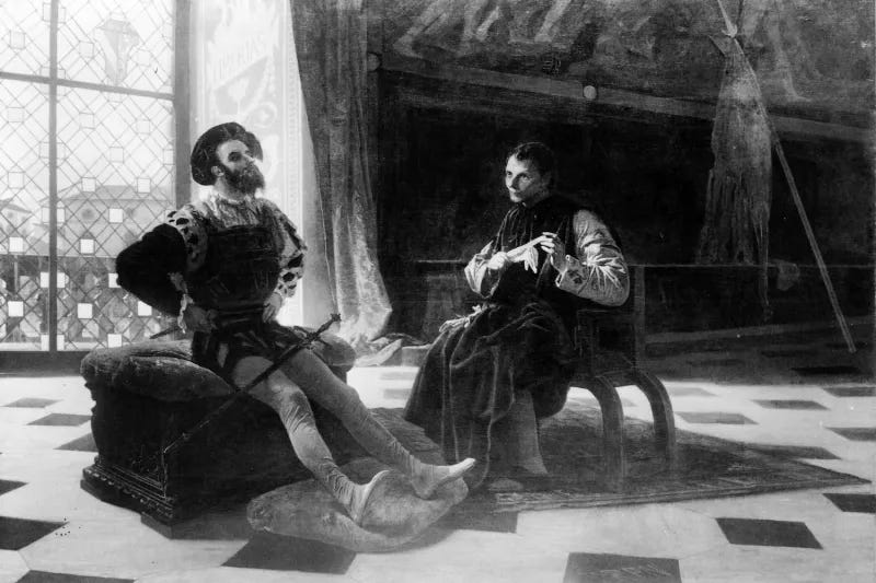 An illustration depicts nobleman Cesare Borgia seated with Niccolò Machiavelli, dated 1898.