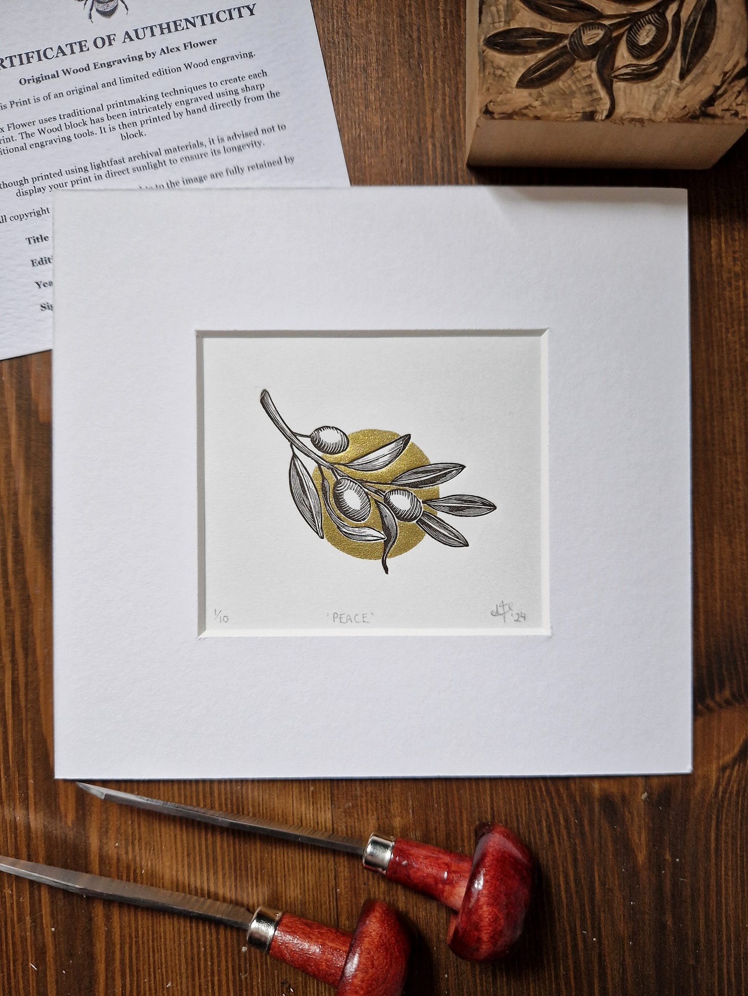 Palestine Charity Print, 'Peace' - deep brown olive branch in golden circle.