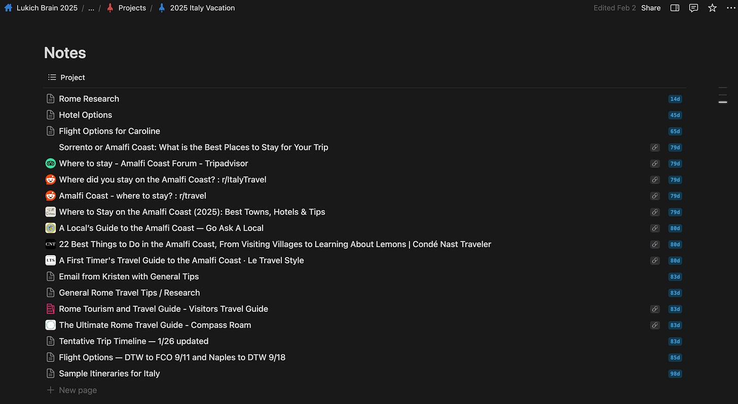 Notion screenshot: consolidated notes for travel project Notion screenshot: consolidated notes for travel project