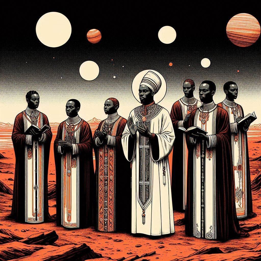 black people in religious garb on mars, spacepunk drawing