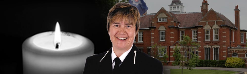 Sue Harrison. Black and white candle and  photo of Essex Police HQ