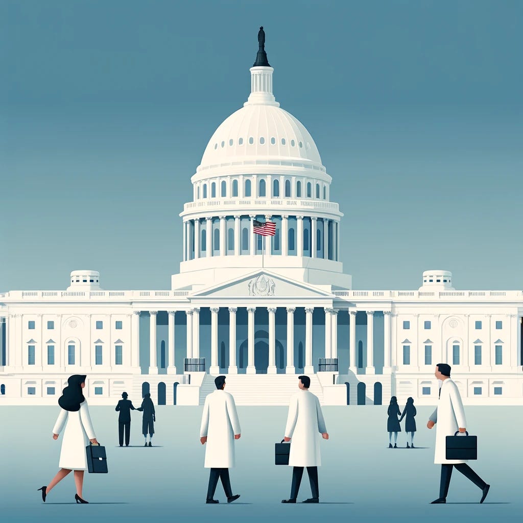 A simplified scene at the Capitol in Washington DC. The Capitol building is shown with its iconic dome and neoclassical architecture, but the focus is on just three scientists entering the building. These scientists, representing diverse genders and ethnicities, are depicted in modern attire, each carrying a briefcase or laptop. The setting is very calm with no other individuals visible in the immediate vicinity, emphasizing the small group of scientists under a clear blue sky.