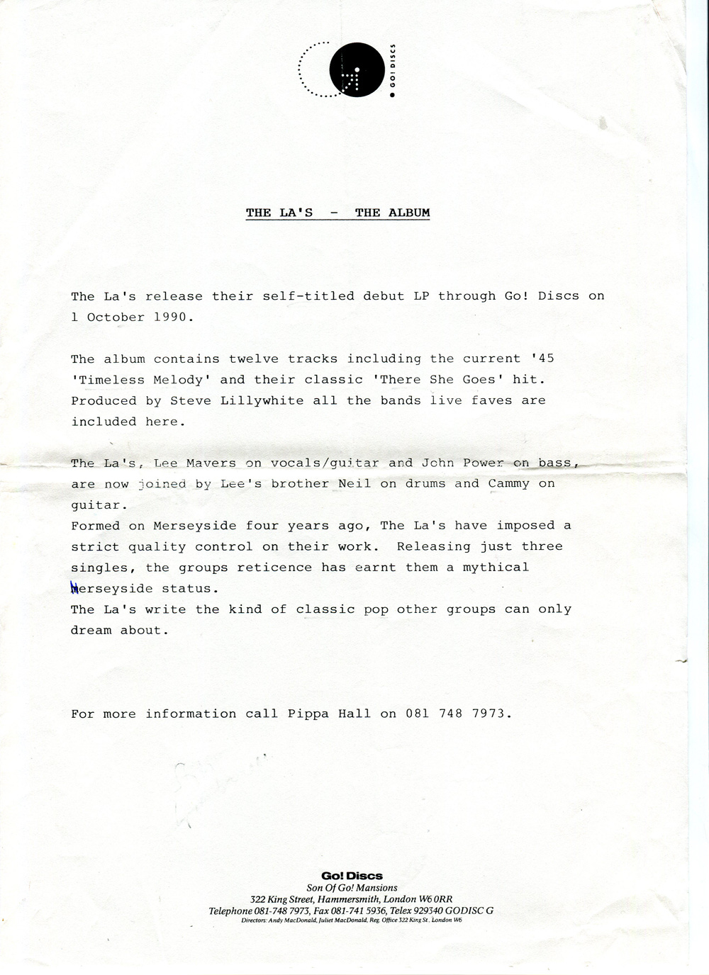 Press release for the La's from Go Discs.