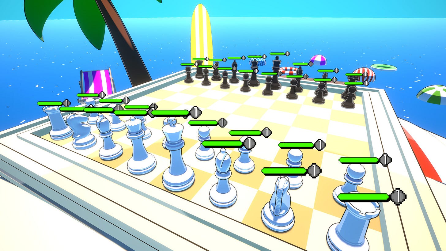 This still from “RPG Chess” shows a beach-themed board with an oceanside background, where a palm tree, beachchair and surfboard are visible. This still from “RPG Chess” shows a beach-themed board with an oceanside background, where a palm tree, beachchair and surfboard are visible.
