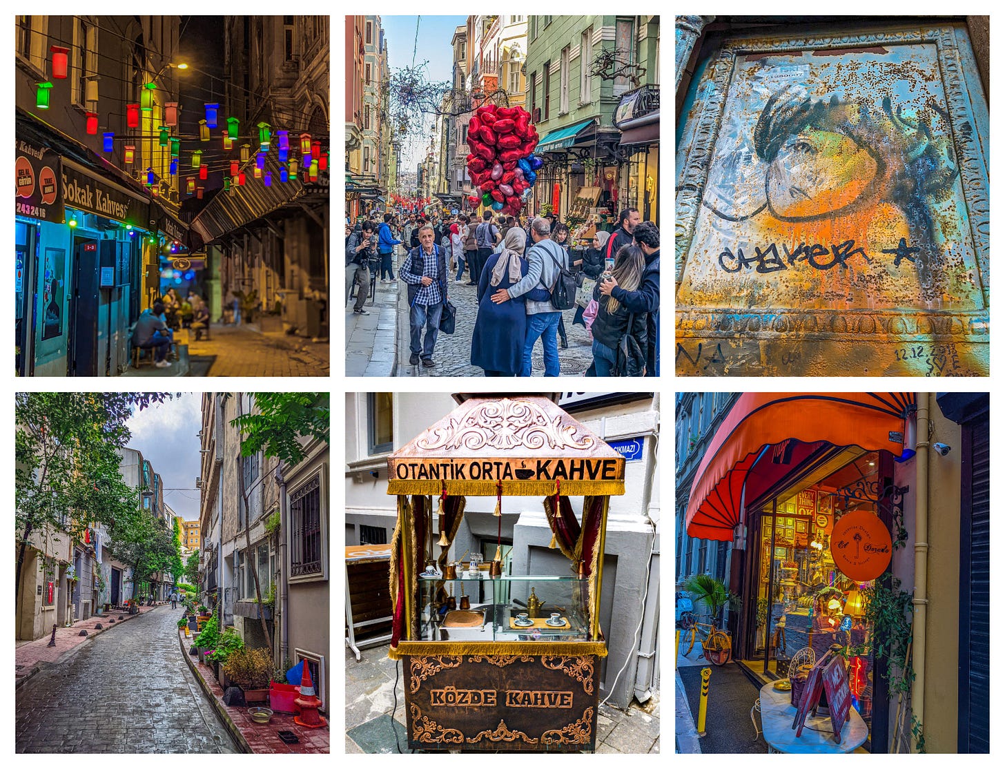 Collage showing a cafe at night lit up by colorful lamps, a couple posing for a picture as a man carrying red balloons passes behind, some street art, a cobblestoned street, a cart selling traditional Turkish coffee, and a boutique antique shop