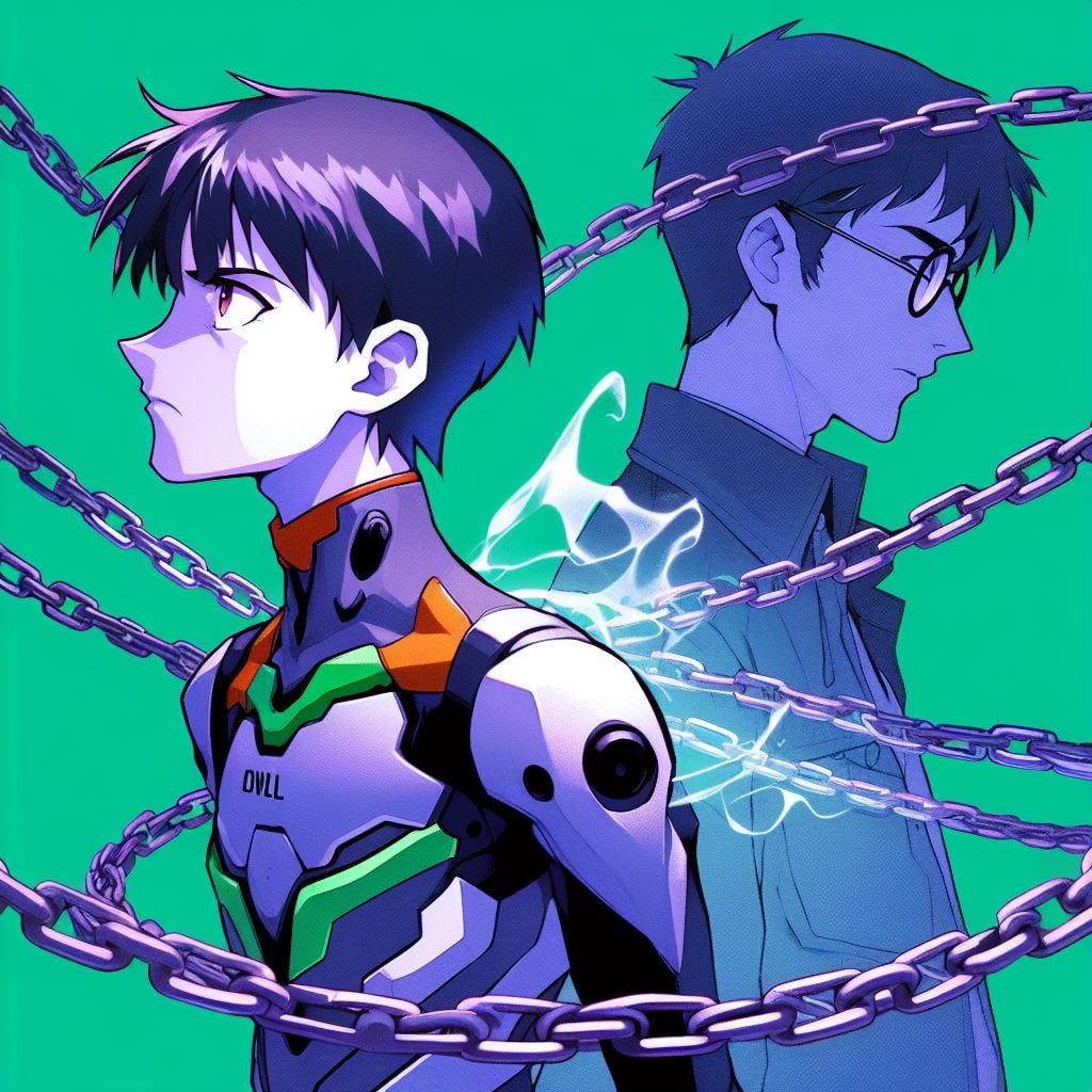 "Evangelion key art, with a title saying "BOND BREAKER". Two figures are linked together by a chain. Shinji Ikari, sad eyed and wearing a plugsuit, has a ghostly chain linking him to a second party in the back of the shot. The second figure is a young italian man with dark hair wearing glasses and a dark grey jacket. GAINAX anime style, green, purple and blue color scheme."