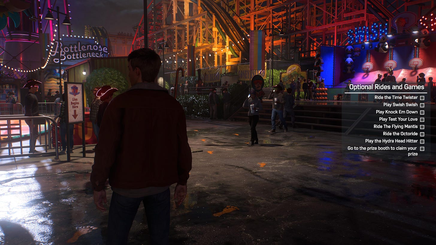 Peter stands in Coney Island, with a list of minigames available