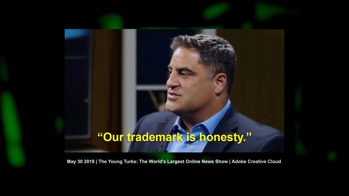A still of Young Turks host Cenk Uygur stating "Our trademark is honesty" from an interview with Adobe Creative Cloud for a YouTube video titled "The Young Turk: The World's Largest Online News Show"