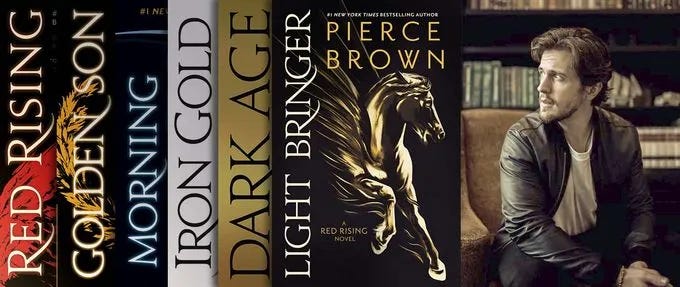 book covers for Pierce Brown's books next to his author photo