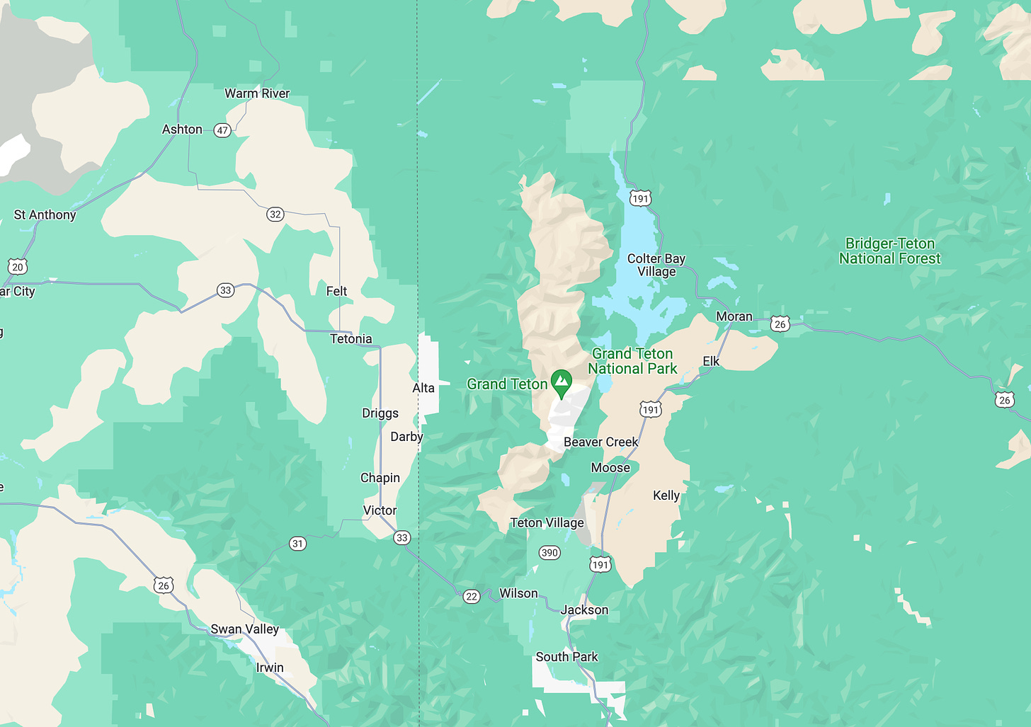 View of the map of Grand Teton National Park from Google Maps