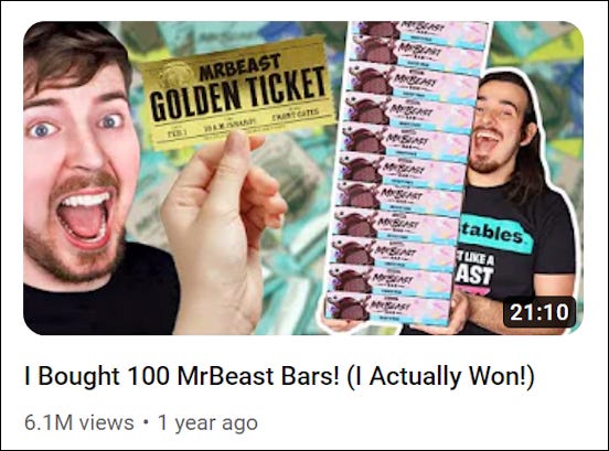A screenshot from a video from a MrBeast fan, boasting that he bought 100 MrBeast brand candy bars
