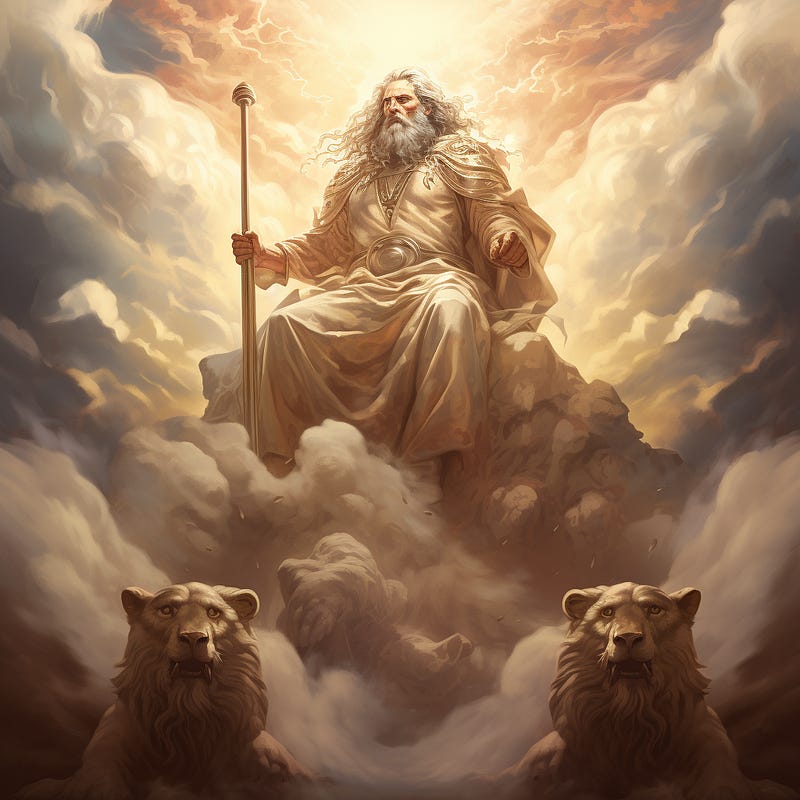 Illustration of a majestic, bearded figure resembling a traditional god seated on a throne above the clouds, flanked by two lions, with a staff in hand and a backdrop of radiant sunlight breaking through the clouds