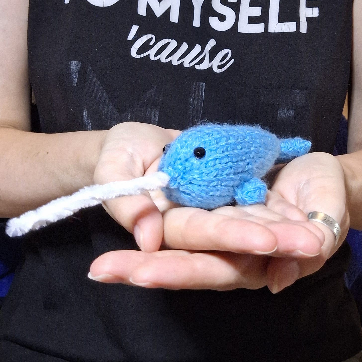 image of a small, knitted narwhal made by fantasy author Patricia J.L.