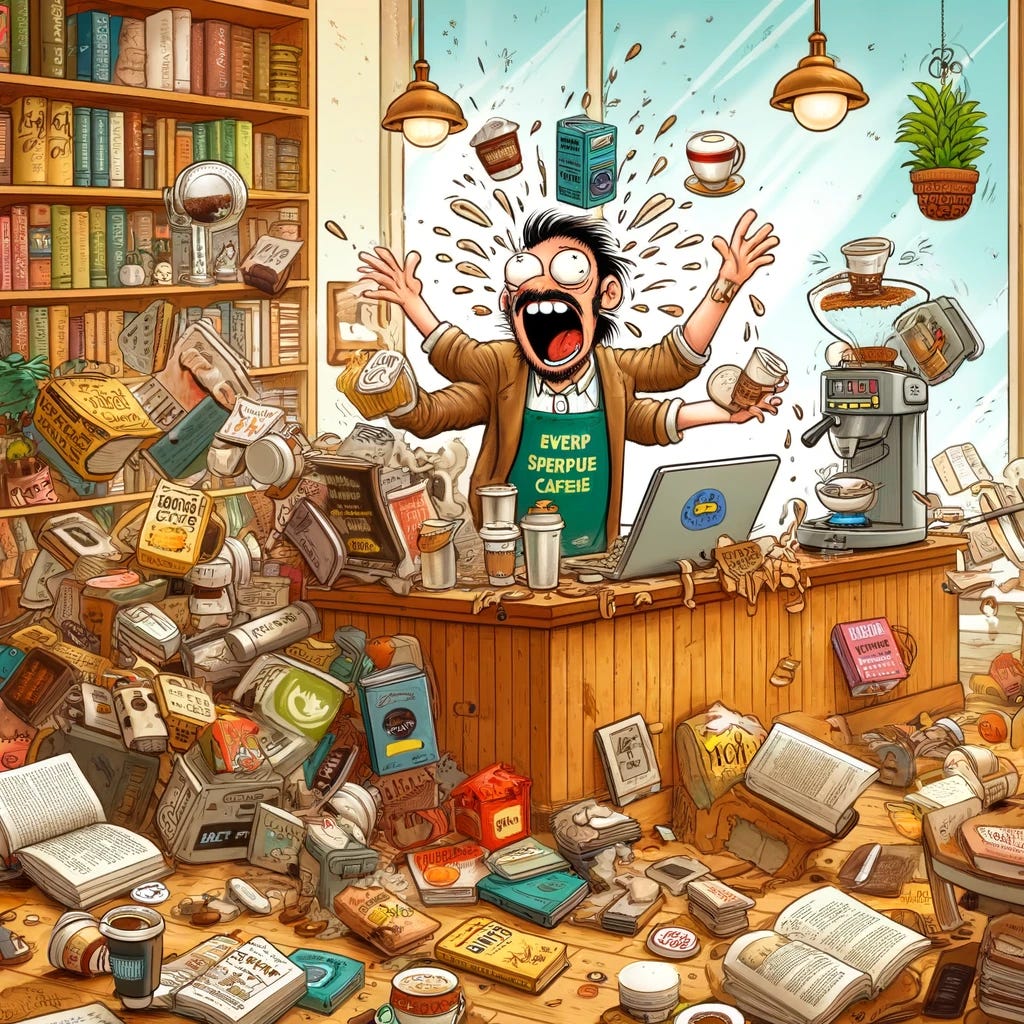 A funny cartoon of a person, the hassled owner of a boutique cafe with a bookstore, where everything is going wrong. The scene is chaotic and humorous, showing the owner trying to juggle multiple tasks. Books are falling off shelves, a coffee machine is spewing coffee everywhere, and customers are looking bewildered. The owner appears overwhelmed, with a comical expression of exasperation. The cafe is cozy and filled with quirky decorations, enhancing the comedic chaos of the situation. The bookstore section adds an intellectual charm to the frantic environment.