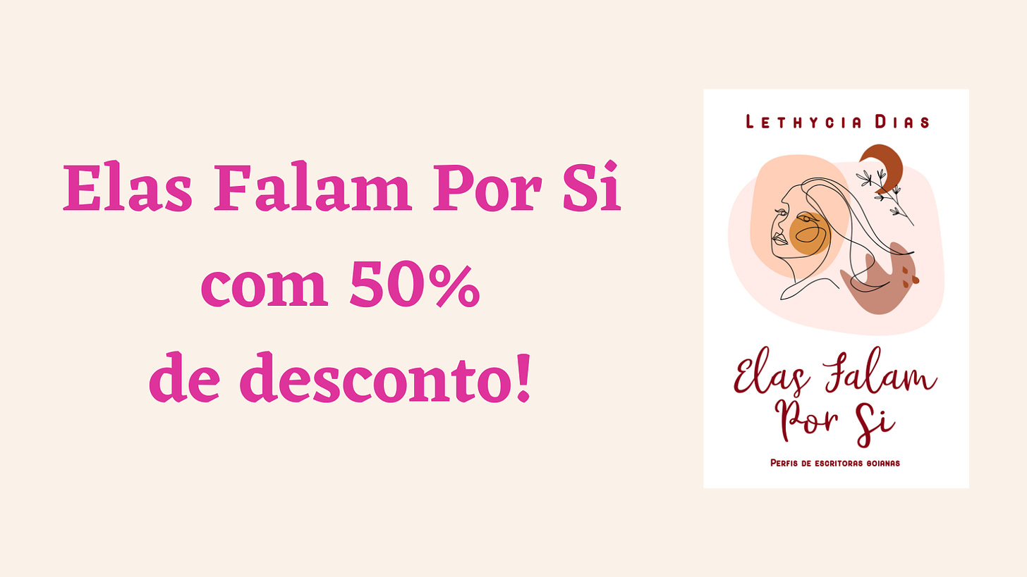 Banner de cor clara, com a capa do livro "Elas Falam Por Si", de Lethycia Dias, no lado direito. No lado esquerdo está escrito o texto "Elas Falam Por Si com 50% de desconto!"