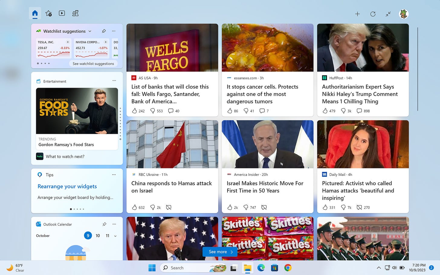 Screenshot of widget panel showing clickbait articles