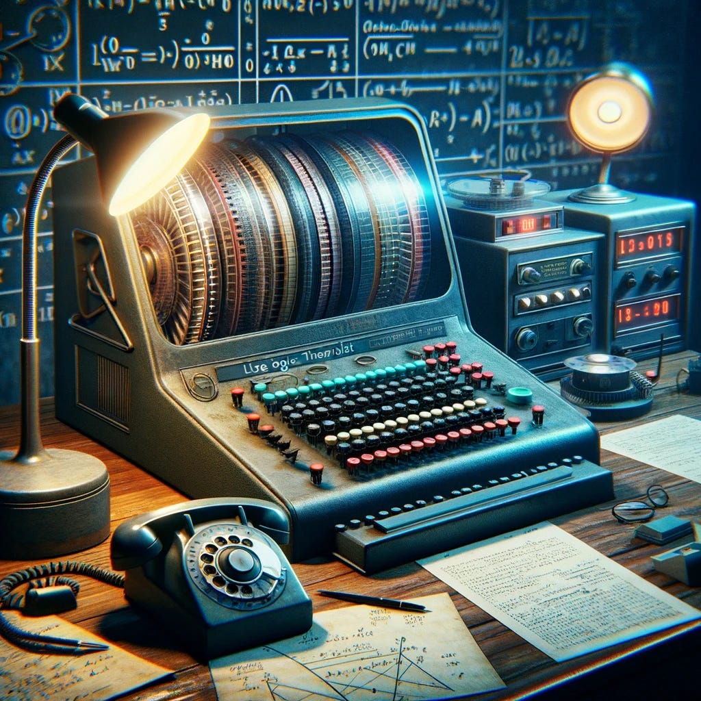 A conceptual representation of the Logic Theorist, the first artificial intelligence program. The image should depict a vintage computer from the 1950s, with large reels and a complex array of buttons and lights. On the screen, there are lines of logical equations and symbols, reflecting the program's purpose in solving logical puzzles. The setting should have a retro feel, with old-fashioned office items like a desk lamp, a rotary phone, and papers with mathematical formulas scattered around, symbolizing the era of early AI development.