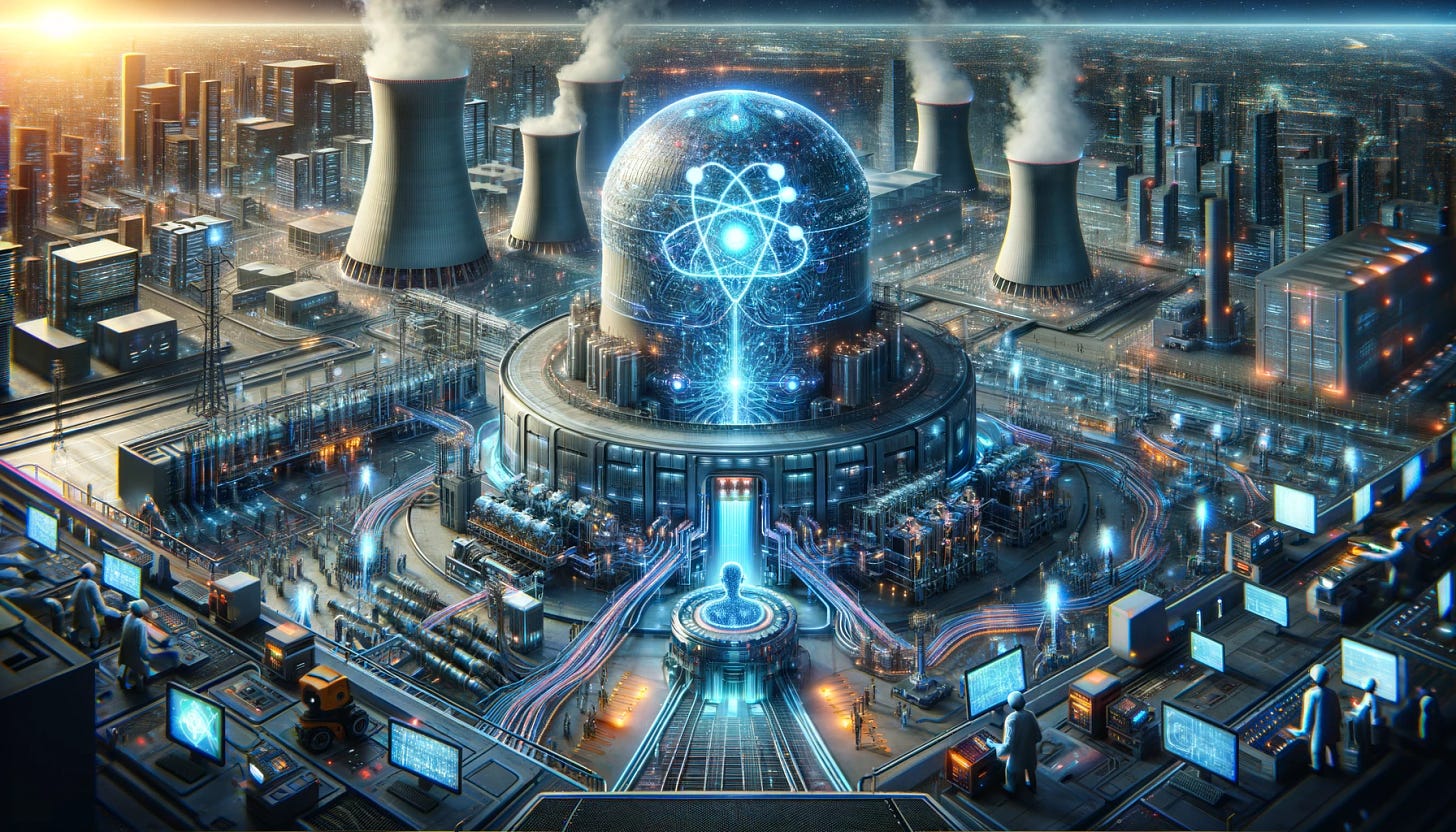 Envision a futuristic scene where the synergy between nuclear power and artificial intelligence is depicted as pivotal for technological advancement tailored for a Substack article banner The scene showcases a hightech nuclear power plant gleaming with energy connected via a vast network of cables and conduits to a massive intricate AI supercomputer The computer is illuminated with neon lights indicating active processing and data analysis Around this setup engineers and robots work in harmony monitoring and optimizing the systems performance The backdrop features a bustling futuristic cityscape illustrating the broader societal reliance on this nuclearAI nexus for growth and sustainability The composition should be wide fitting the banner format and rich in detail to highlight the complexity and sophistication of both the nuclear power plant and the AI system as well as their interdependence