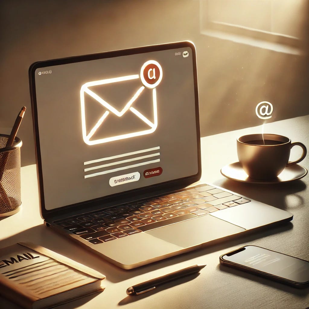 A modern, clean, and minimalist image tailored for a Substack theme. The visual features a laptop and a cup of coffee on a desk with a glowing email notification icon subtly highlighted in the background. The scene conveys the idea of digital subscriptions and content delivery. The color palette includes soft neutrals and warm tones, with a sleek and professional aesthetic. No text or branding included.
