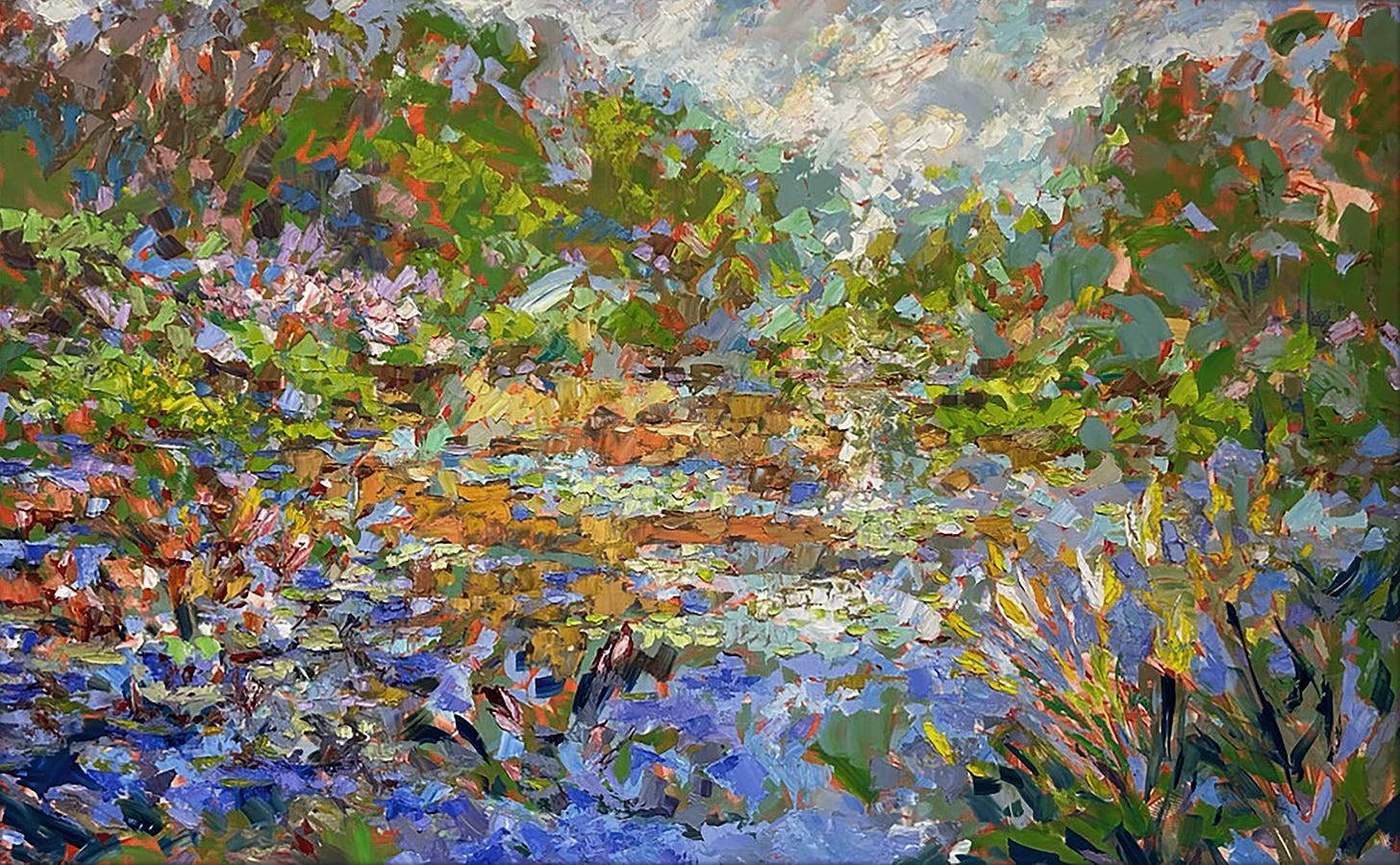 A painting of a pond with trees and bushes

Description automatically generated