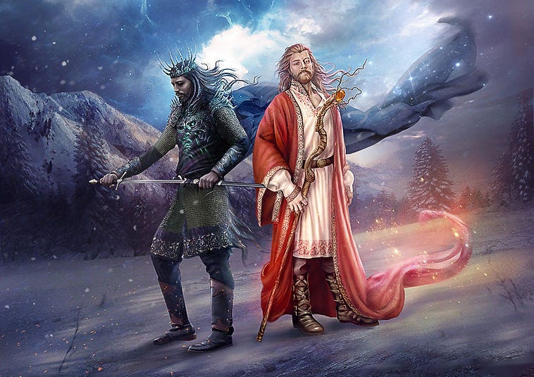 A dark crowned man stands next to a bright, smiling man. A dark crowned man stands next to a bright, smiling man.
