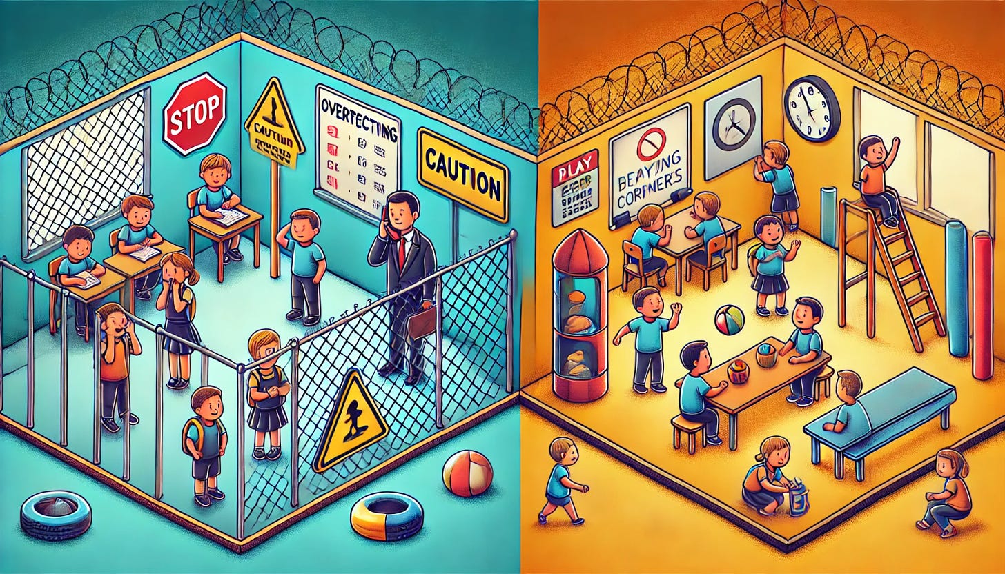 Create a wide image illustrating the concept of overprotecting kids at school. On one side, show a child in a highly restricted environment, surrounded by caution signs, padded corners, and excessive supervision. On the other side, depict a more balanced environment where children are playing freely, learning from their experiences, and engaging in various activities with a reasonable level of safety. The image should emphasize the difference between overprotection and a healthy, balanced approach to child development.