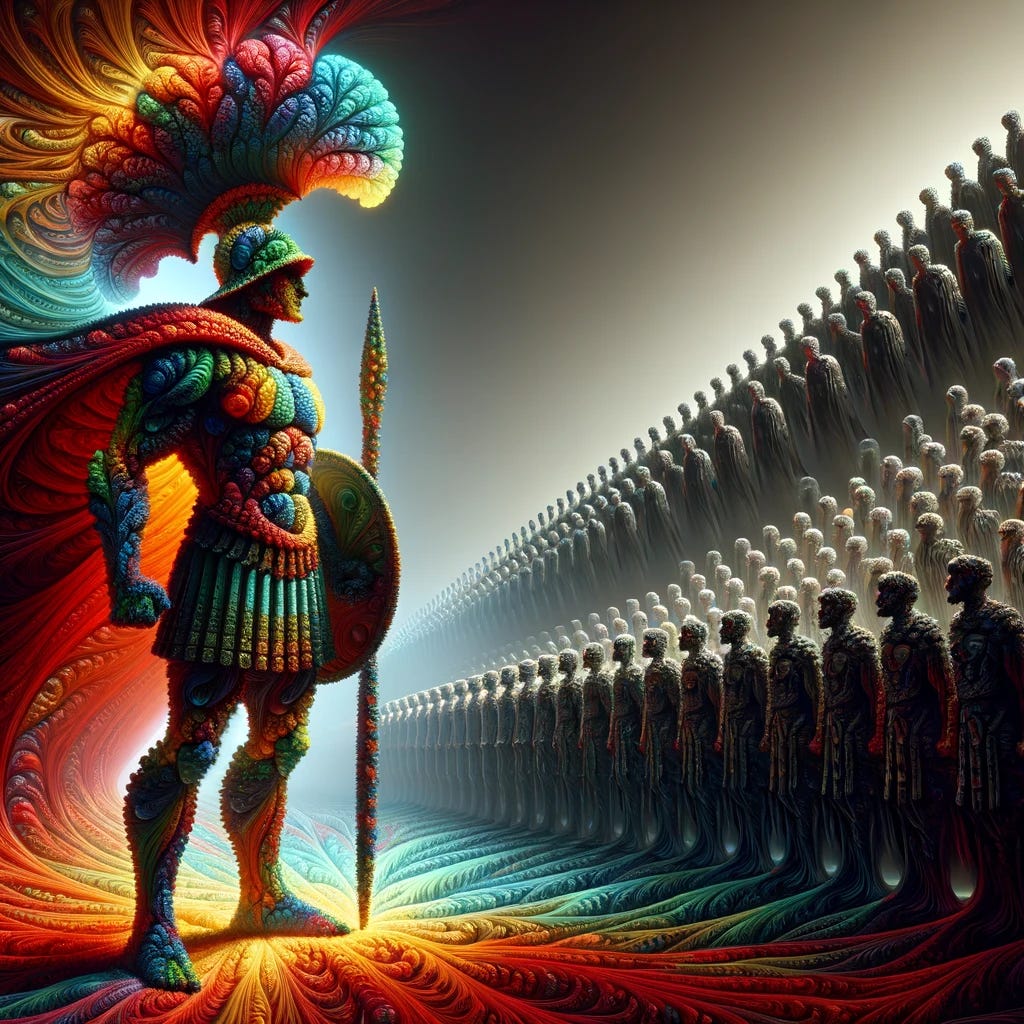 A dramatic scene depicting a dihedral fractal Roman legionary facing off against a horde of uniform, shadowy conspirators. The legionary, a colorful figure made entirely of fractal dihedrals, stands in a bold and defiant pose. In stark contrast, the conspirators are depicted as uniform, featureless figures shrouded in shadows, creating an ominous and mysterious presence.