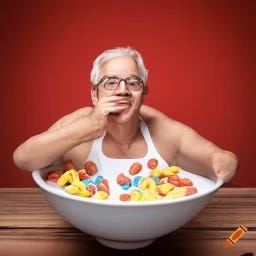 WK Kellogg CEO Gary Pilnick bathing in a bowl of cereal