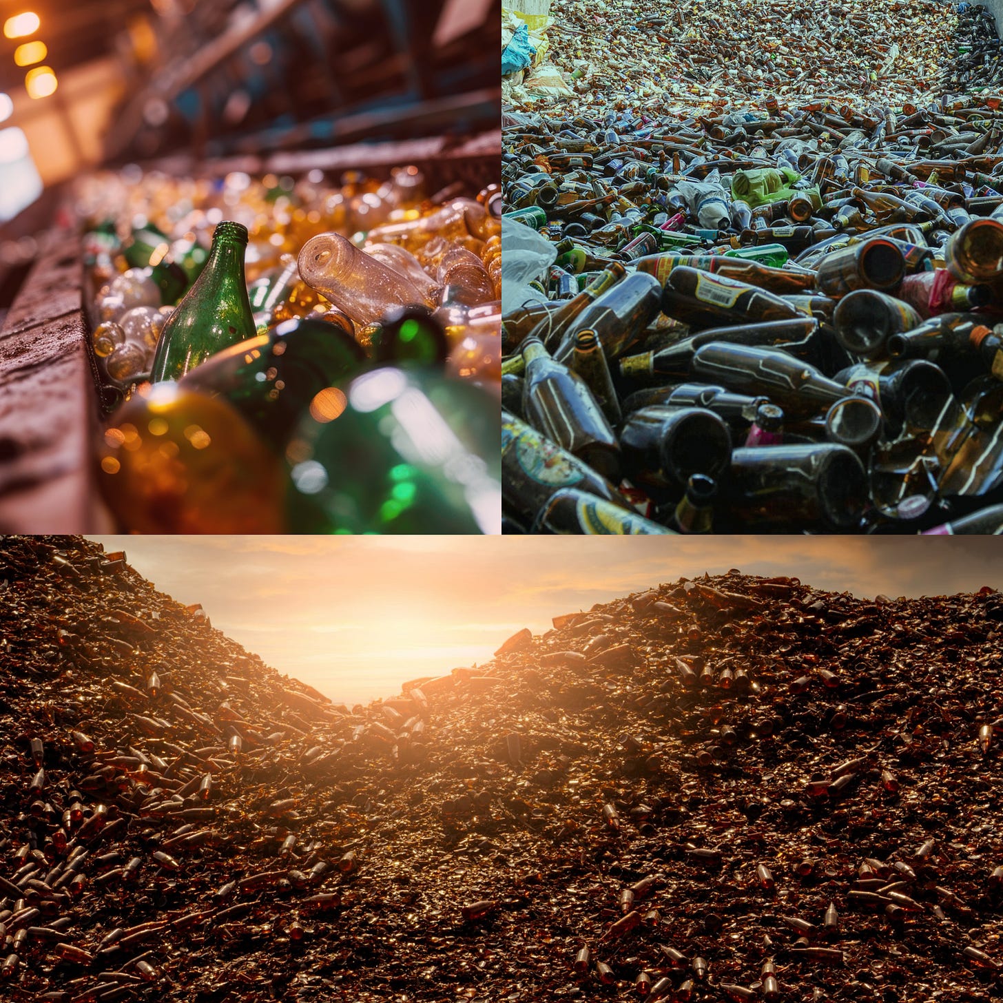 Montage of stock imagery showing large quantities of glass bottles in recycling facilities