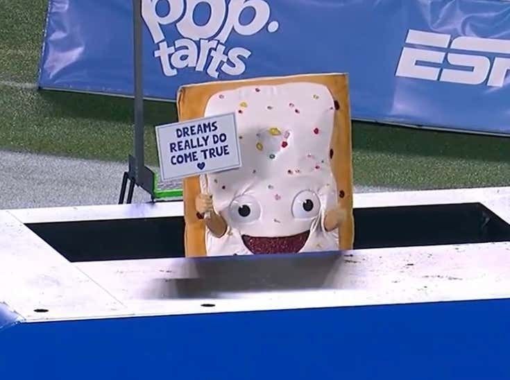 The anthropomorphic Pop Tart lowering itself into the giant toaster at that football game. Holds a sign that says "DREAMS REALLY DO COME TRUE <3"