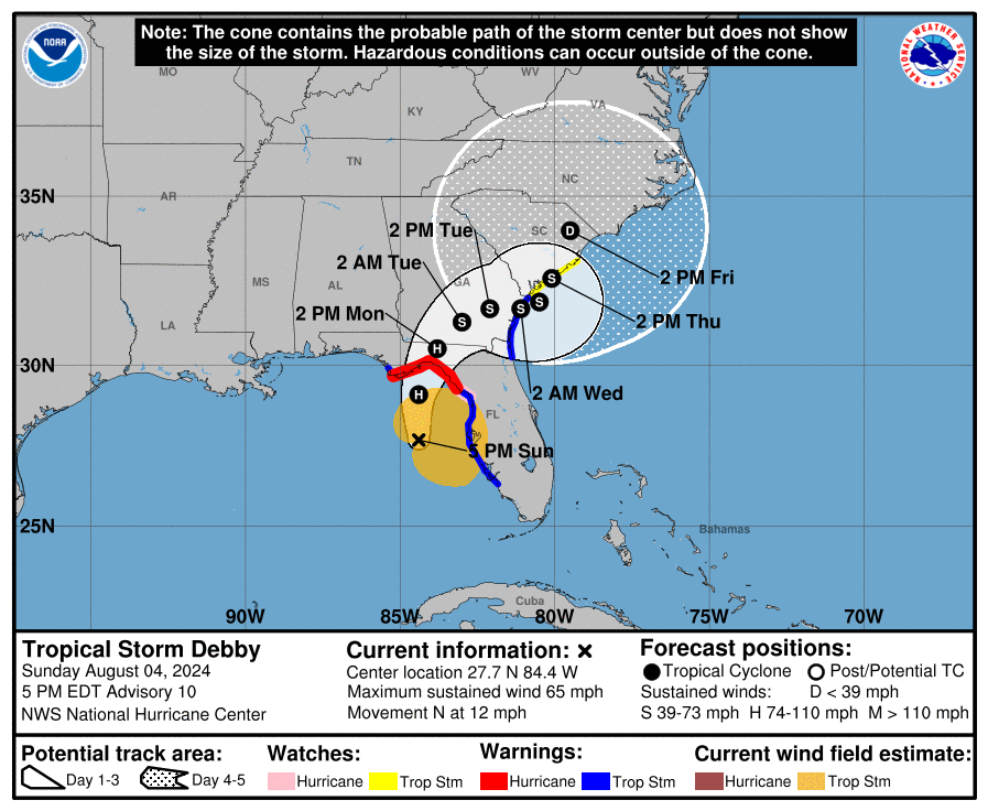 "Little Debby" graphic from NOAA, showing the cone going right over my head.