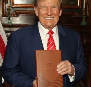 Donald Trump selling a copy of the Bible