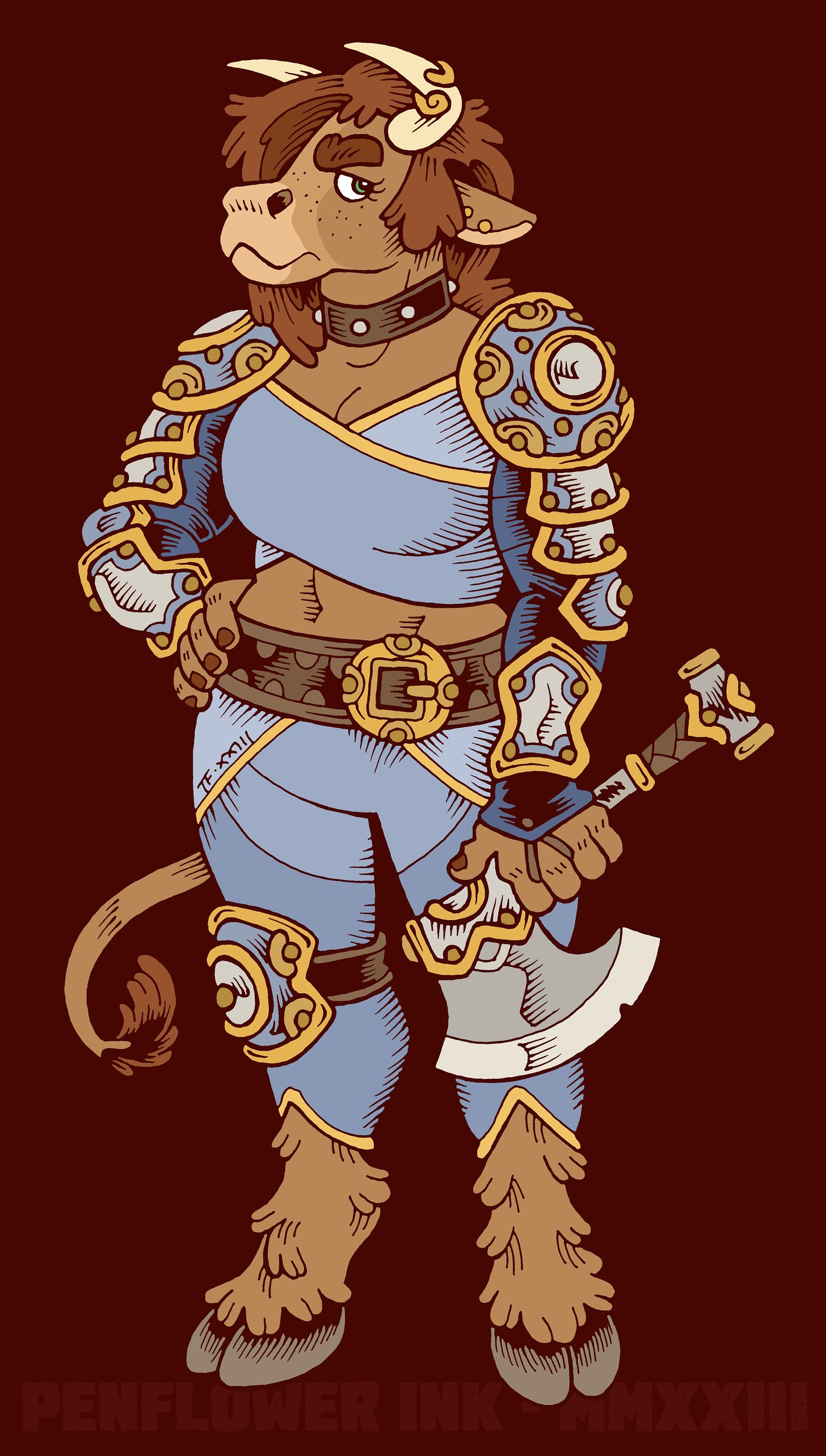 Traditionally hand-drawn and digitally coloured character illustration of a female minotaur. She has light brown fur and reddish brown messy hair. She is wearing gold ear-rings and jewellery on one of her horns. She is wearing a blue and gold suit of ceramonial armour, which mostly protects her arms, and is wielding a hand-axe. She has an exasperated look on her face.
