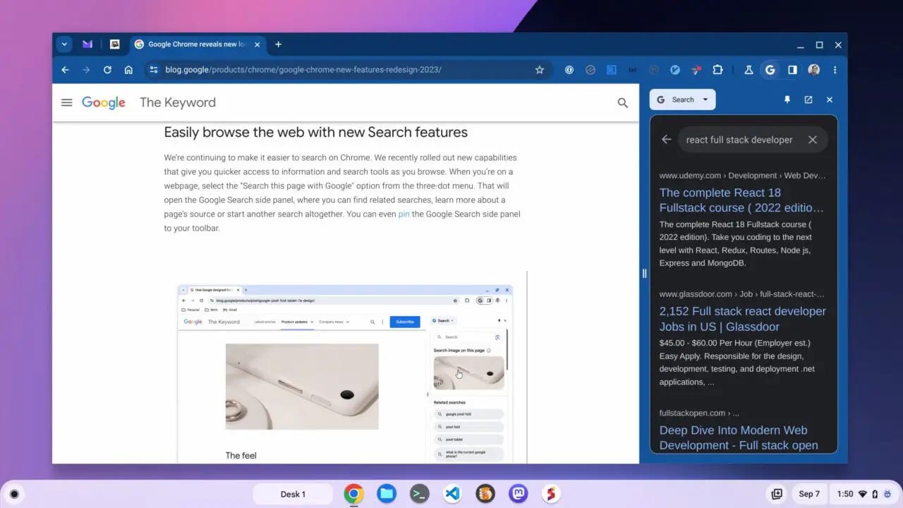 Chrome browser Material You redesign adds a Google Search side panel