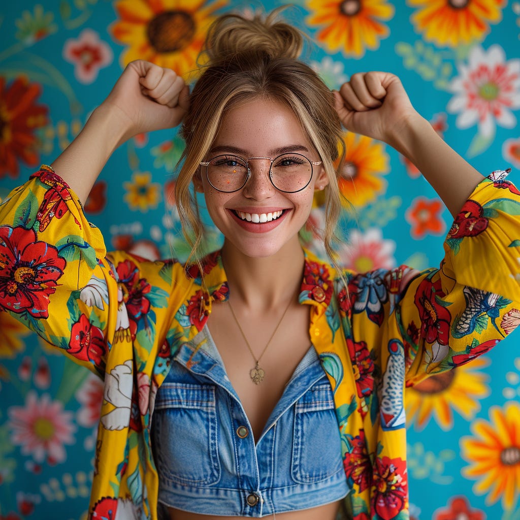 Happy young woman with vivid color clothes wearing eyeglasses wearing contrasting vivid color accessories celebrating success isolated on vivid contrasting color background with space.