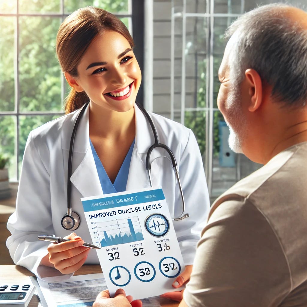 A positive and hopeful scene of a healthcare professional discussing a treatment plan with a patient who has type 2 diabetes. The healthcare setting is modern, with clear medical charts displaying improved glucose levels and weight loss statistics. The patient is smiling, holding a small pamphlet about a new diabetes treatment. The environment reflects optimism, with bright natural lighting and comfortable seating, symbolizing a successful and encouraging healthcare experience.