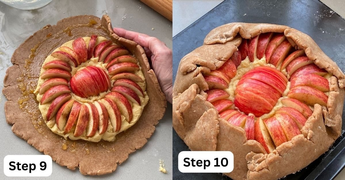 Folding pastry around the apples and frangipane filling.