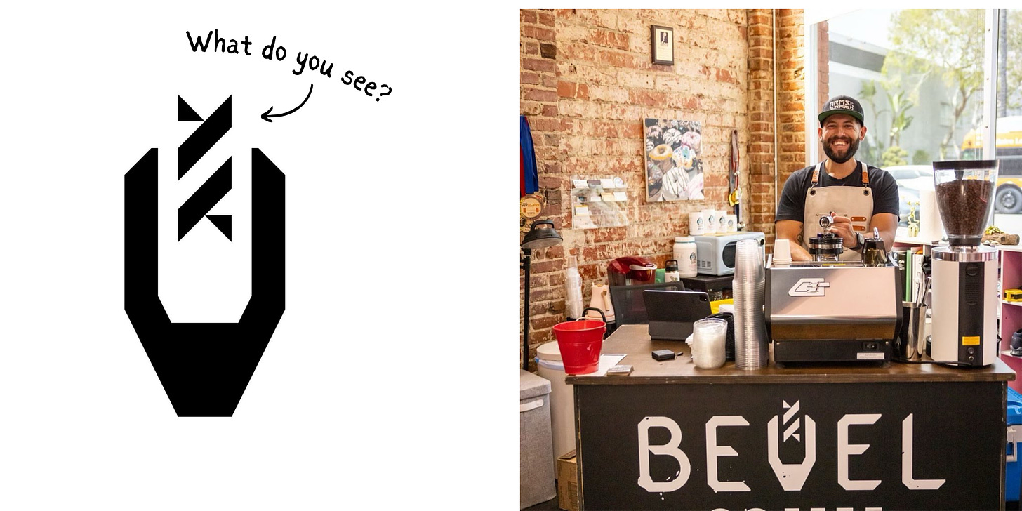 Left: A close-up on a style-ized, beveled edge "V". Right: A barista smiles and crosses their arms in front of a brick wall while standing behind a coffee cart at a pop-up event.