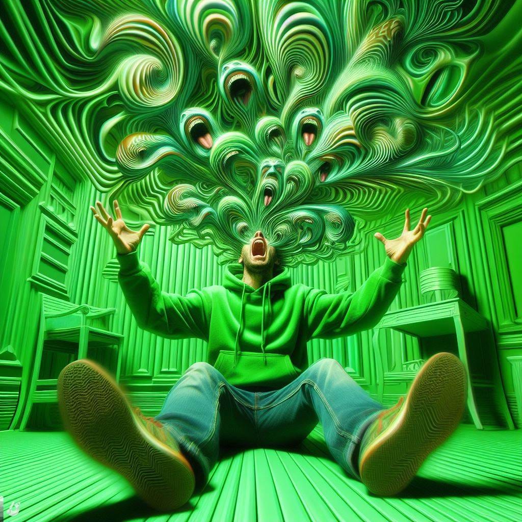 abstract trippy image of man freaking out in a green room wearing green clothes