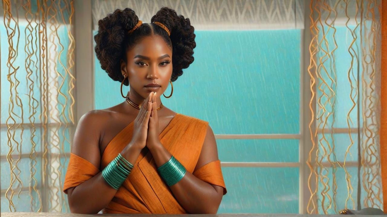 digital painting of a Black woman in her 30s with coiled hair styled in a bantu knots, draped in textured burnt-orange linen. She faces a rain-pattered window, sunlight etching zig-zag shadows over clasped hands bearing brass bangles, while ethereal teal glyphs rise from her palms. Hyperrealistically rendered skin tones blending amber and tan hues, contrasted with cool bluish-green shadows. Smoggy urban lights blur beyond the window's mullioned frame, 4k sharpness.