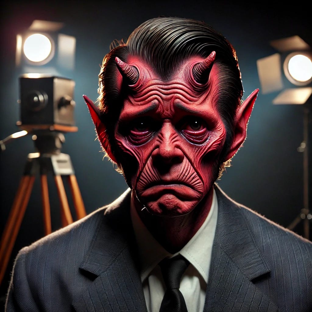 A depiction of a sorrowful man with slightly demonic features, wearing a dark suit, sitting in front of a camera with dramatic lighting. His faint red-tinged skin and subtle, small horns suggest his devilish nature, but his expression is deeply weepy and pathetic. Tears stream down his face, his eyes swollen with sorrow, as he desperately portrays himself as a victim. The background is dimly lit, resembling a press conference or a staged interview setting.