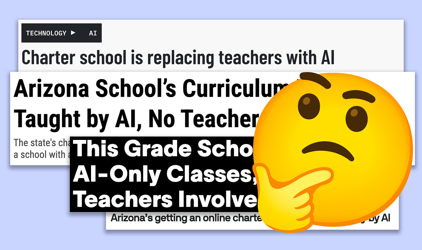 A series of headlines announcing an Arizona school is replacing teachers with AI, combined with a thinking face emoji.