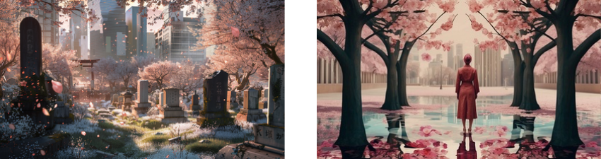 The image on the left depicts a serene cemetery scene with cherry blossoms gently falling among the gravestones, creating a poignant contrast between the city buildings in the background and the peaceful final resting place in the foreground.  The image on the right shows a person standing at the end of a path flanked by trees with pink blossoms. The path leads to a reflective body of water filled with fallen petals, creating a mirror image of the person and the tranquil, almost otherworldly landscape that surrounds them.
