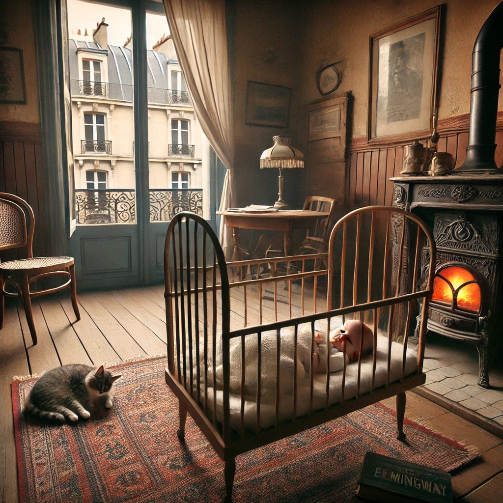 A 1920s Parisian apartment with a small crib holding a baby, peacefully lying down with a cat curled up beside them. The room has a cozy yet sparse feel, with a wood-burning stove, books stacked on the floor, and a window showing a Parisian street outside. The atmosphere is warm and nostalgic. Meanwhile, Ernest Hemingway is absent from the scene, having left to write at a café, emphasizing the solitude of the baby and cat in the apartment.
