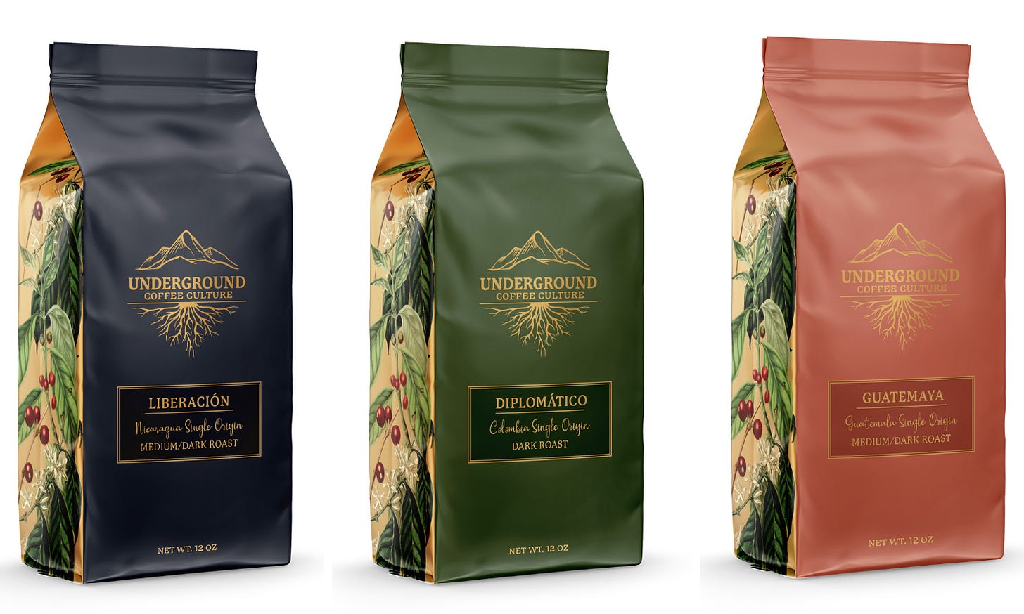 Three side by side 3/4 view images of coffee bags for Underground Coffee Culture. Each bag features their gold logo with name split between a mountain line drawing above and roots below on a solid color. Side panels feature artistic drawings of coffee plants with cherry.