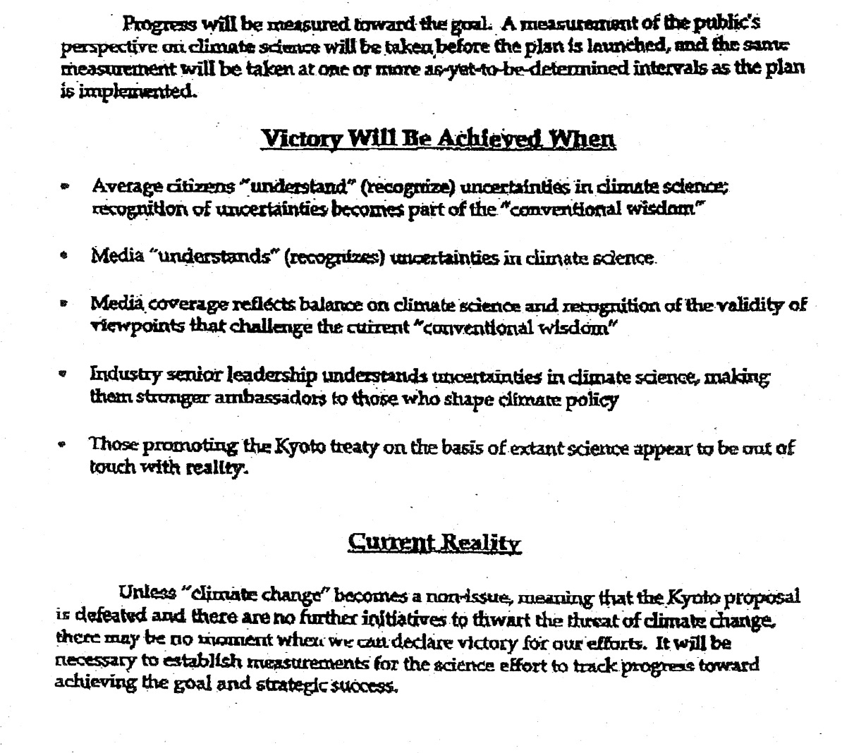 Screenshot of a scan of the API's campaign talking points and markers of success for its climate-related influence campaign, targeting citizens, media, business leaders and politicians, to convince them to "understand" that climate science is not settled.