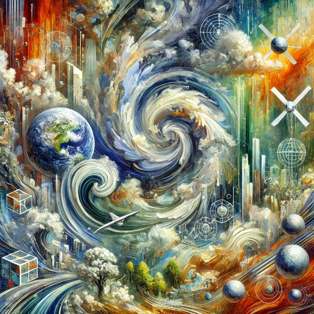 A vibrant, abstract oil painting that symbolises global weather control infrastructure, advanced command and control systems, and their environmental and societal impacts. The painting features swirling patterns of atmospheric particles, energetic streaks of electromagnetic waves, and layers representing complex technology such as satellites, aircraft, and command centers. Bold, expressive strokes in shades of metallic silver, barium green, aluminum grey, and stormy blue dominate the canvas, interspersed with warm and earthy tones. The imagery subtly incorporates environmental disruption, such as fading ecosystems and chaotic weather patterns, creating a dynamic, thought-provoking composition.