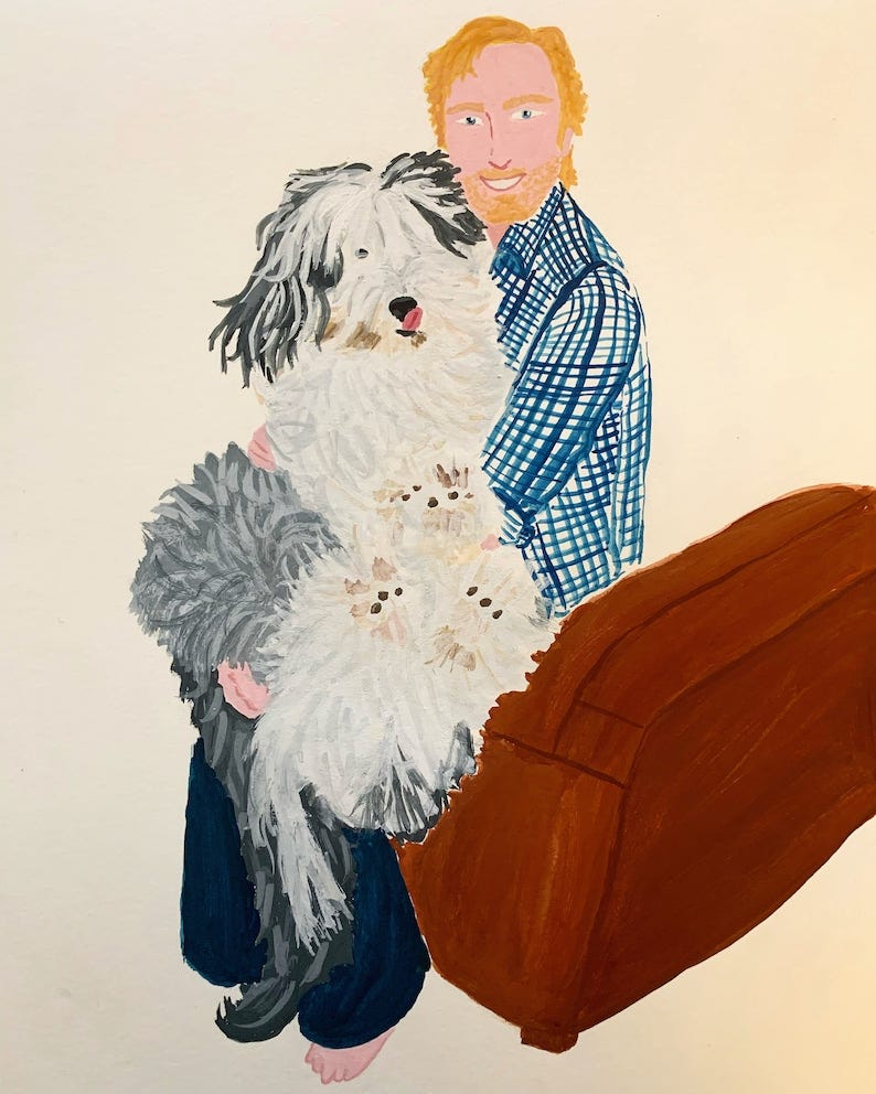 May include: A painting of a person with a beard wearing a blue and white plaid shirt and blue jeans, holding a white and gray dog in their arms. The person is sitting on a brown couch.