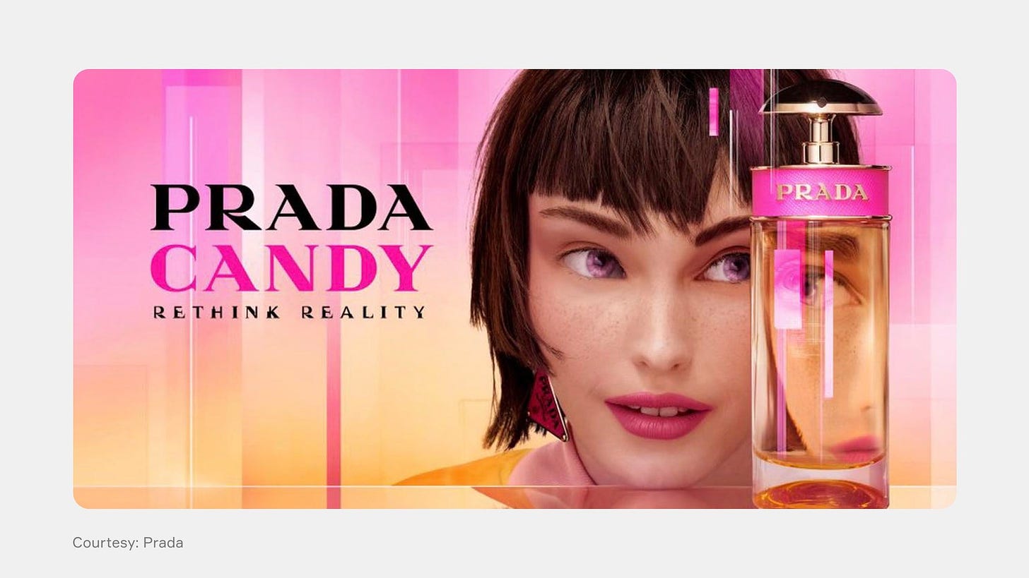 May be an image of 1 person, fragrance, cosmetics and text that says "PRADA CANDY RETHINK REALITY PRADA Courtesy: Prada"